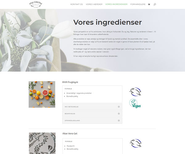 My Creme by Nature hjemmeside ingredienser